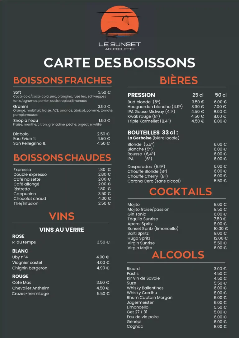 Carte du Restaurant Le Sunset à Aiguebelette