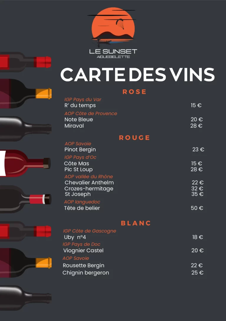 Carte du Restaurant Le Sunset à Aiguebelette