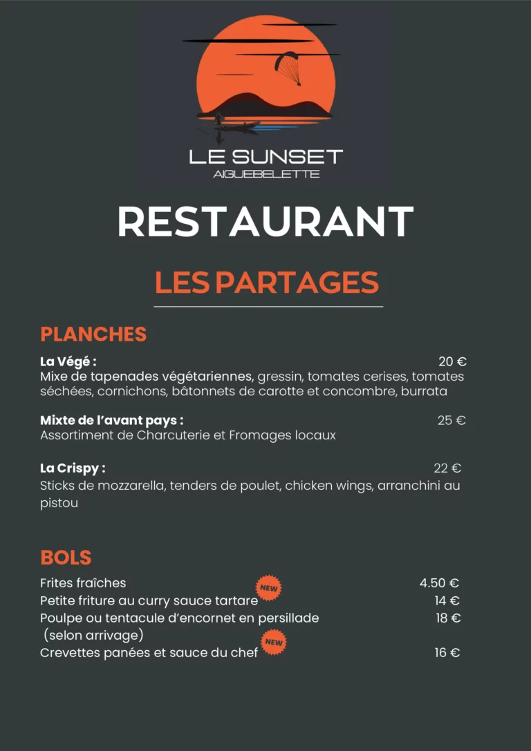 Carte du Restaurant Le Sunset à Aiguebelette