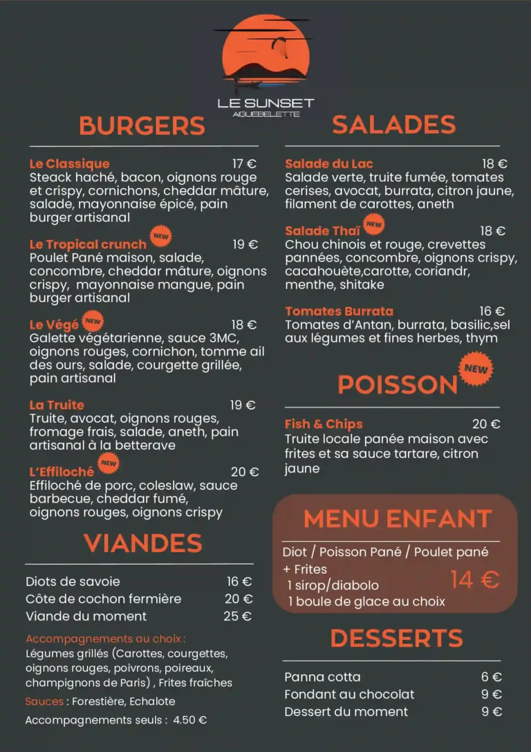 Carte du Restaurant Le Sunset à Aiguebelette