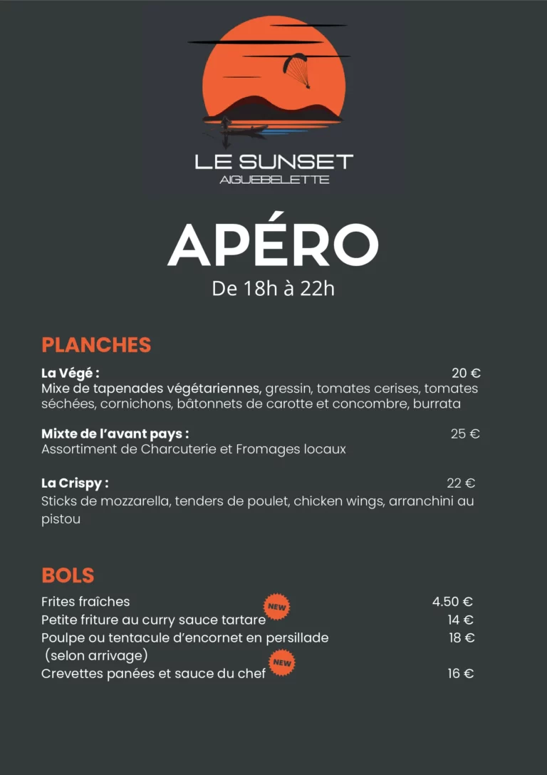 Carte du Restaurant Le Sunset à Aiguebelette