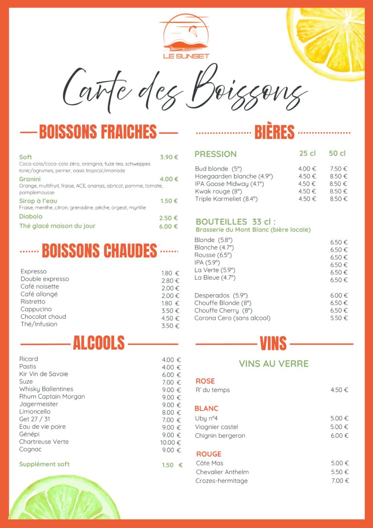 Carte restaurant le Sunset Lac d'Aiguebelette