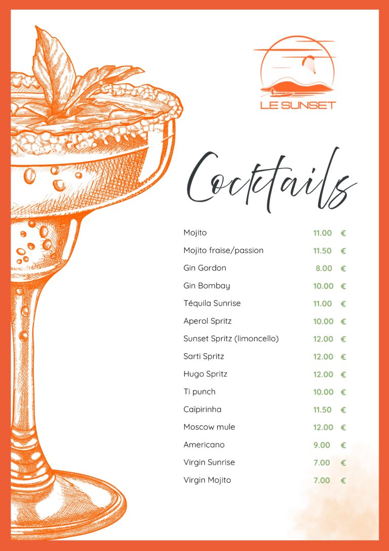 Carte restaurant le Sunset Lac d'Aiguebelette