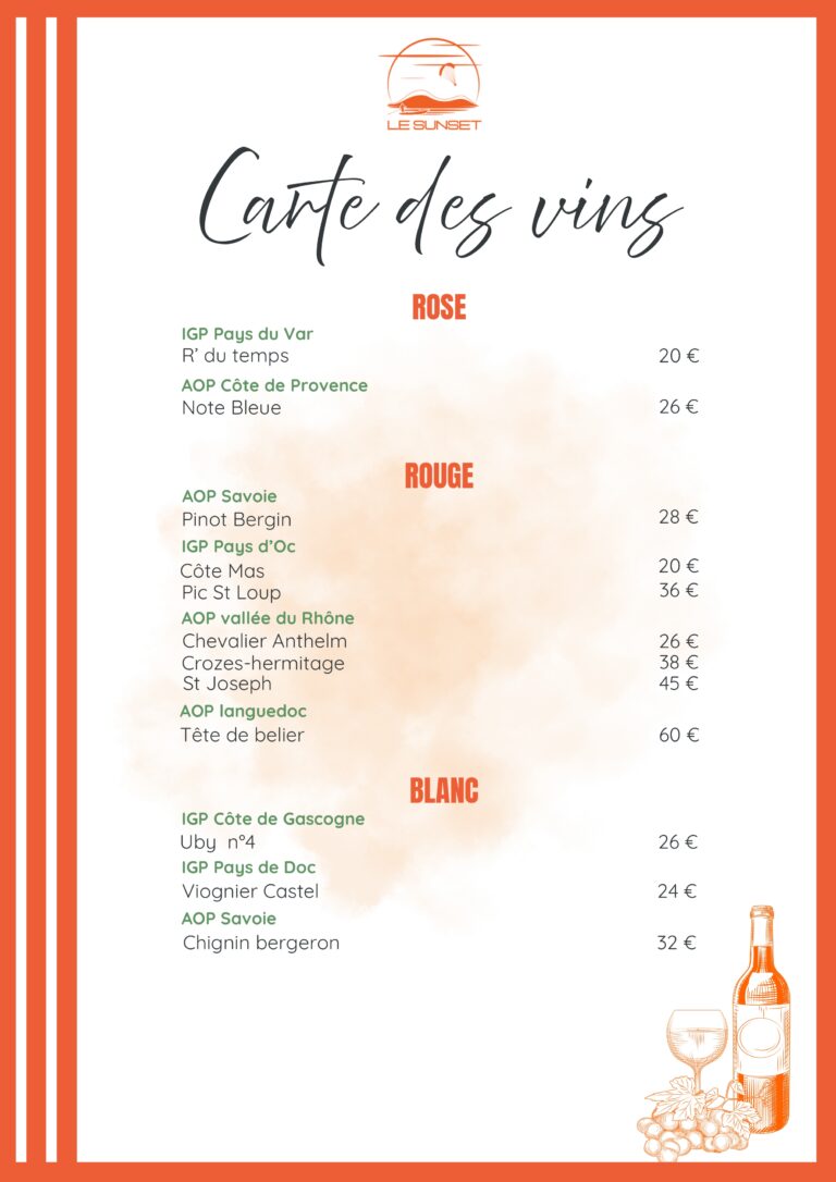 Carte restaurant le Sunset Lac d'Aiguebelette