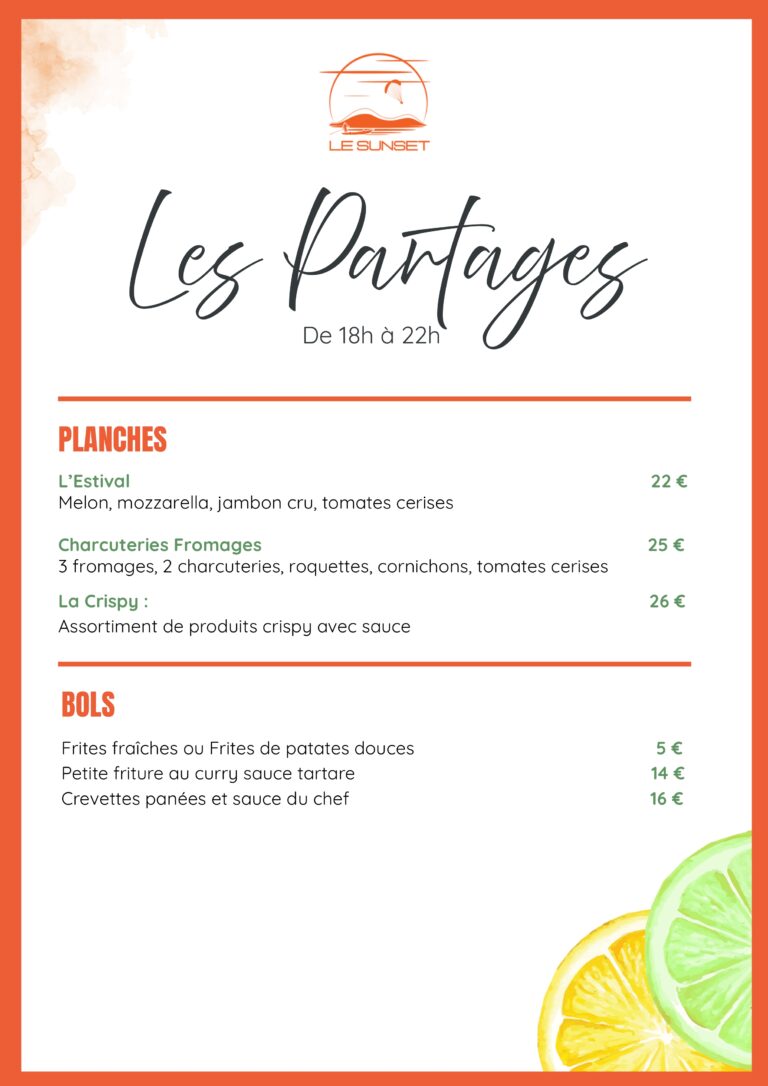 Carte restaurant le Sunset Lac d'Aiguebelette